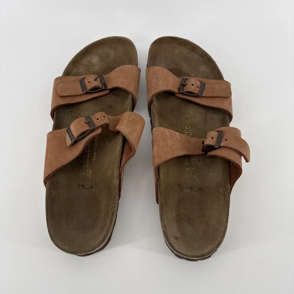 Birkenstock Arizona Sandals Men 42 US 9 Brown Leather 2 Strap Buckle Slides